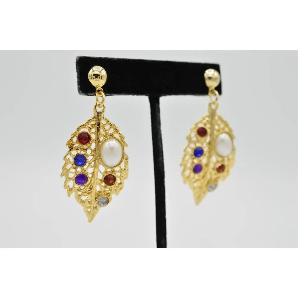Vintage Crystal Leaf Earrings Dangle Gold Faux Pearl Multi-Color NOS 1980s W6